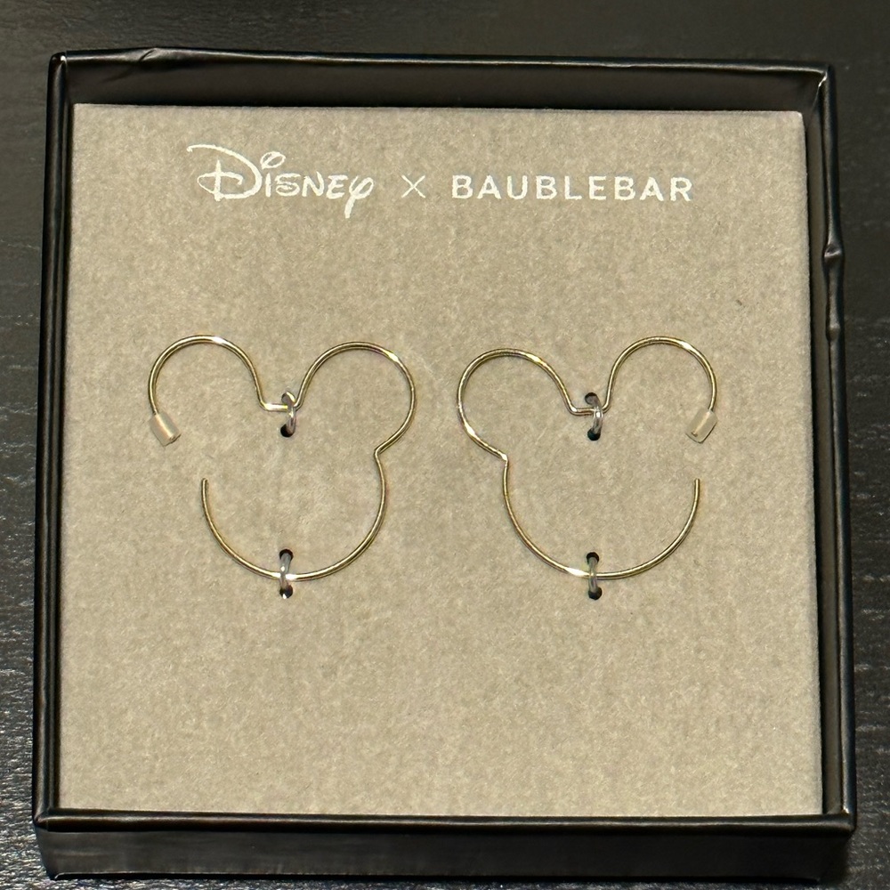 New BaubleBar Disney mickey mouse head gold tone hoops hoop earrings